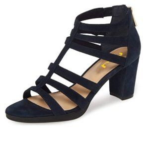 FSJ Navy Chunky Heel T-Strap Open Toe Sandal